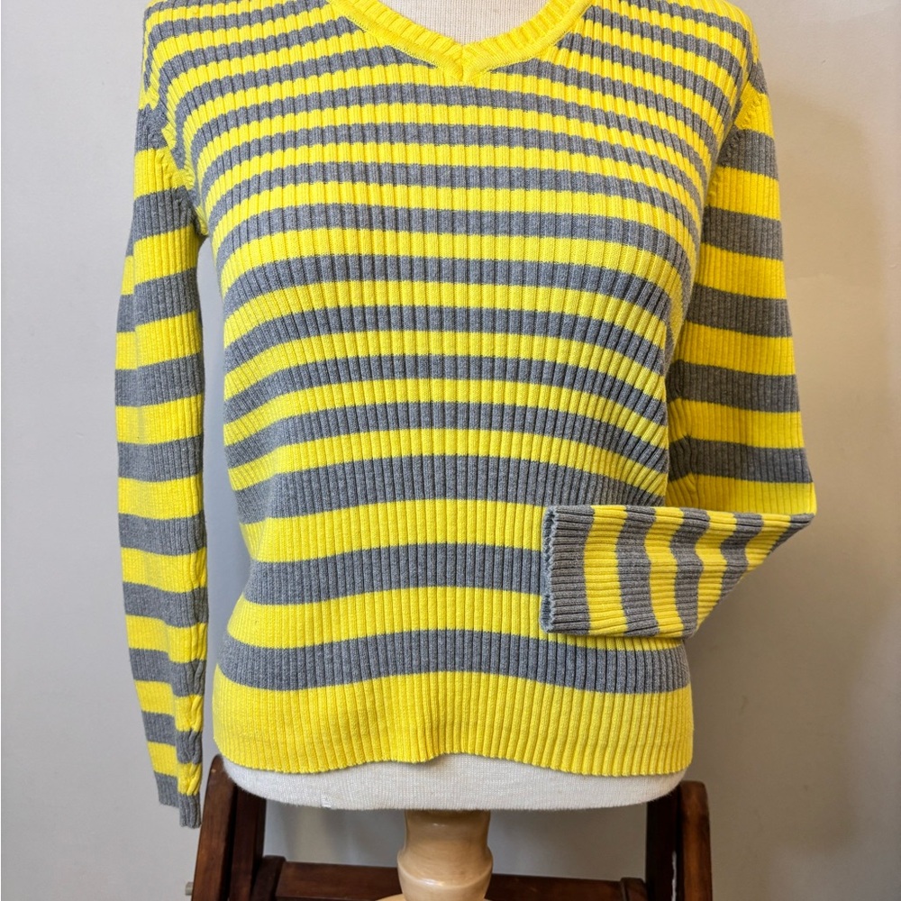 St. John's Bay Yellow and Gray Striped V-Neck Sweater